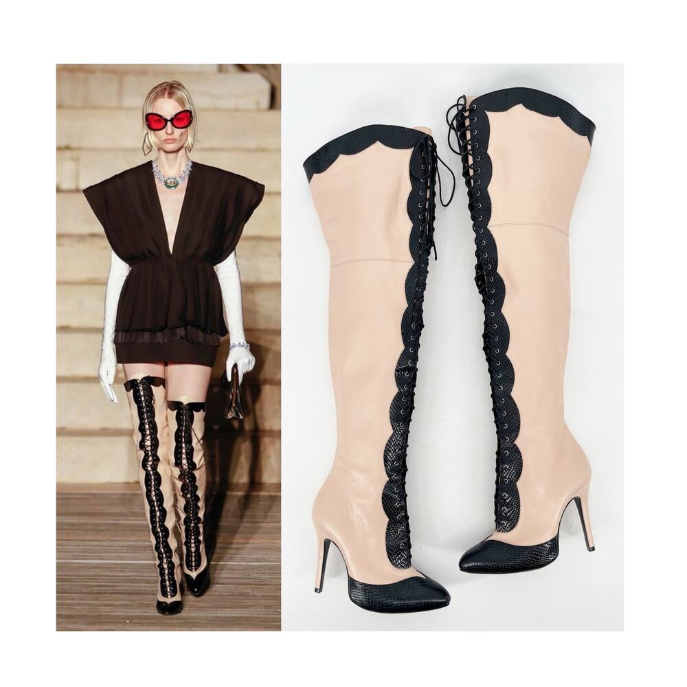 Gucci Harriet Light Rose Black Leather Lace Up Over The Knee Heeled Boots EU 38
